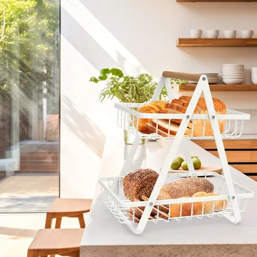 Miniatura 4 de Mahueeol - Cesta de frutas de 2 niveles para encimera, tazón de frutas portátil para organizador de cocina, almacenamiento y sala de comedor