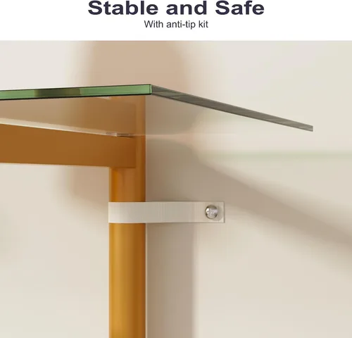 Miniatura 3 de Furnify Mesa de sofá de vidrio, mesa de entrada de estilo moderno de mediados de siglo con vidrio templado y patas doradas, mesa de 2 niveles detrás