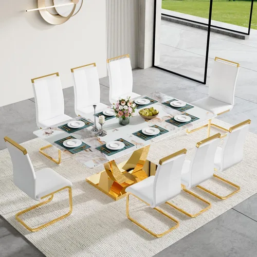 Miniatura 44 de Juego de mesa de comedor para 4, mesa de comedor de mármol sintético de 63 pulgadas con patas y base de acero inoxidable, sillas acolchadas