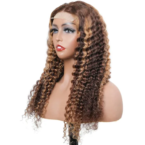 Miniatura 6 de Pelucas de cabello humano con reflejos sin pegamento Wear and Go, encaje frontal, estilo Bob, ondulado profundo #4/27, pelucas de color ombré