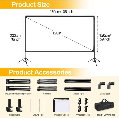 Miniatura 6 de Pantalla de proyector para exteriores con soporte, soporte de pantalla de proyector portátil de 120 pulgadas con barra de cuerda elástica, pantalla
