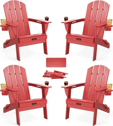Miniatura 23 de Silla Adirondack Plegable, Sillas Adirondack de Plástico con Textura de Madera con 2 Portavasos, Silla para Hoguera de HDPE Resistente a