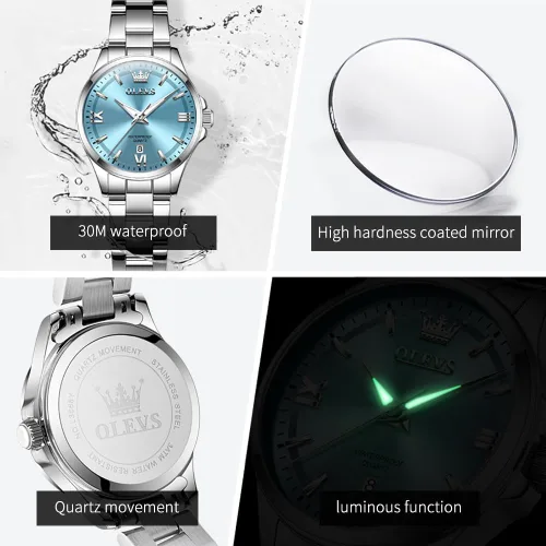 Miniatura 6 de OLEVS - Relojes de acero inoxidable para mujer, reloj de plata de lujo para damas con fecha, relojes analógicos de cuarzo impermeables y delicados