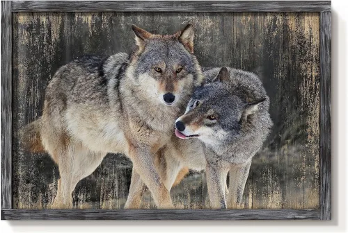 Miniatura 10 de Arte de Pared Enmarcado de Lobo: Pintura Moderna de Animales Salvajes de Madera Rústica Natural Imagen de Vida Silvestre Obra de Arte de Lobo Gris