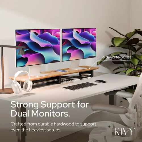 Miniatura 6 de KIVY Elevador de monitor doble con estante de metal integrado [hecho a mano], estante de escritorio de madera para 2 monitores, soporte largo ancho