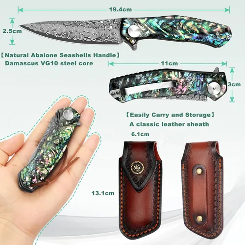 Miniatura 3 de Benkey - Navaja de bolsillo de acero de Damasco con funda de cuero con clip, cuchillo plegable con núcleo VG10 afilado, EDC con bloqueo