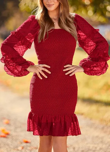 Miniatura 4 de PRETTYGARDEN Vestido corto ajustado fruncido para mujer, manga larga, cuello cuadrado, lunares suizos, volantes, vestido elegante de sirena