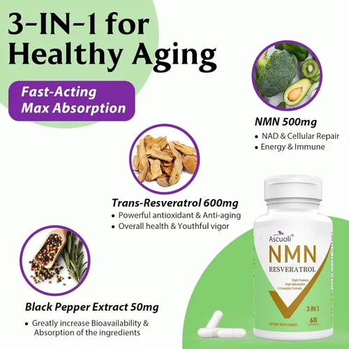 Miniatura 2 de 99% Ultra Pureza NMN 500 mg + Trans-Resveratrol 600 mg, 1150 mg NMN Resveratrol Suplemento, Fórmula Avanzada 3 en 1 para Boost* NAD, Célula, Inmune