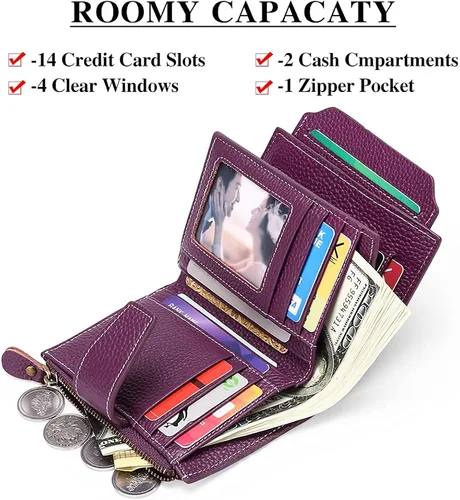 Miniatura 2 de FALAN MULE - Cartera de cuero auténtico para mujer pequeña plegable compacta con interferencia de radiofrecuencia RFID