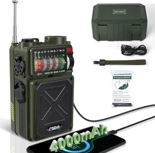 Emgykit R11 Radio de emergencia de manivela - 4000 mAh/14800 mWh NOAA/SW/AM/FM, carga solar/manual/USB, receptor Bluetooth/USB/reproducción TF, con