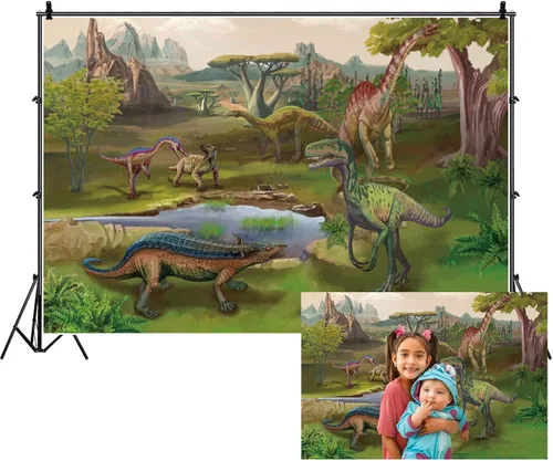 Renaiss Telón de fondo de poliéster de 5 x 3 pies con diseño de dinosaurios, selva tropical, safari, bosque, árboles, montaña, lago, selva tropical,