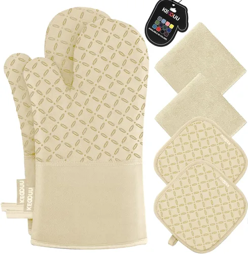 Miniatura 17 de KEGOUU Juego de 6 manoplas para horno y soportes para ollas, guantes para horno de cocina, resistentes al calor, 500 grados, extra largos