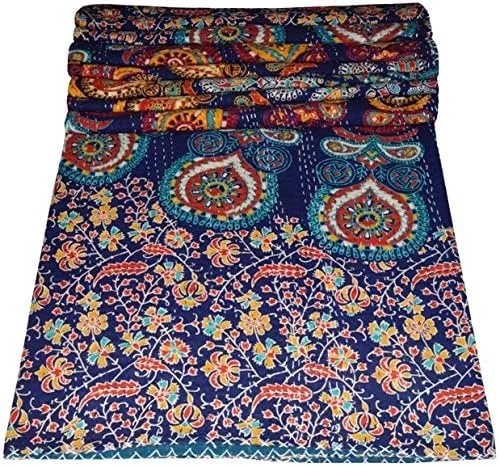 Miniatura 5 de YUVANCRAFTS Colcha vintage india Kantha con estampado tradicional de mandala Kantha, manta de edredón (azul y verde, tamaño individual)