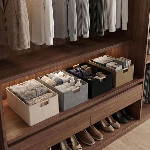 Miniatura 6 de Cubos de almacenamiento de tela plegables, 2 paquetes de cestas de almacenamiento de tela con asas de madera, contenedores organizadores plegables