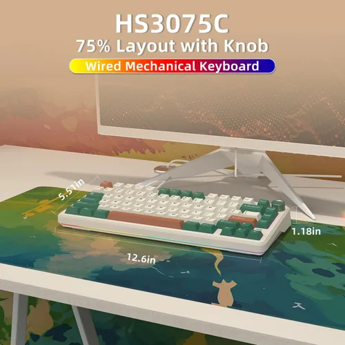 Miniatura 2 de 75% Teclado mecánico retro verde con cable intercambiable en caliente con perilla de metal Junta de montaje RGB retroiluminado programable y luz