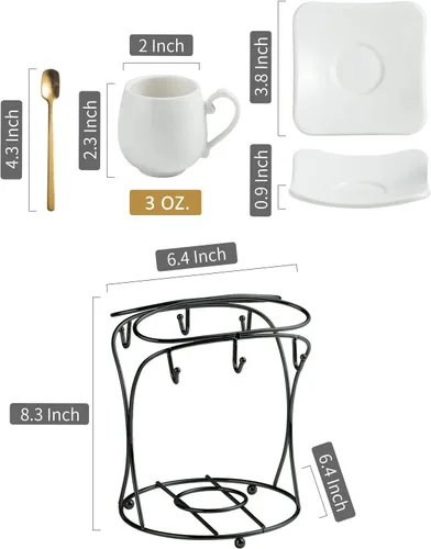 Miniatura 3 de LYEOBOH Juego de tazas de café expreso con platillos, tazas de café de porcelana y soporte de metal y cucharas, tazas pequeñas Demitasse