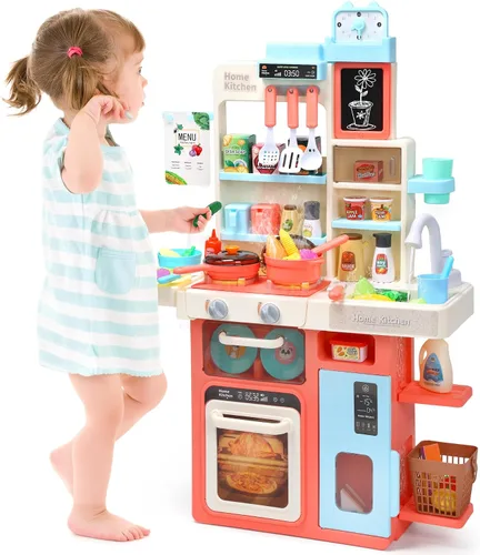 Miniatura 10 de HOLYFUN Juego de juguetes de comida para niños, cesta de la compra con accesorios de corte de frutas y verduras, olla y sartén, platos de plástico