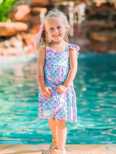 Miniatura 6 de Vieille Vestido de verano para niñas pequeñas, con volantes, sin mangas, casual, vestido de playa, escalonado, vestido de princesa para 2-8 años