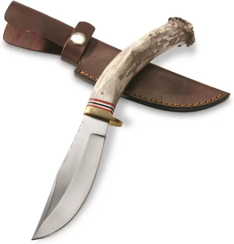 Szco Supplies Inc SS-7030 - Cuchillo de caza al aire libre con mango de ciervo de 10.5 pulgadas con funda de cuero, marrón, SS-7030
