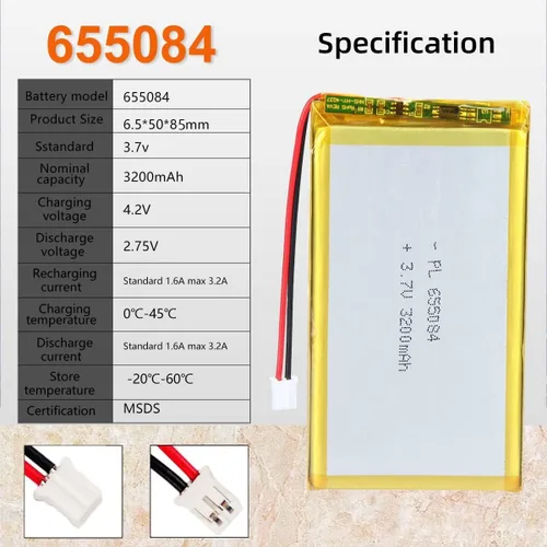 Miniatura 4 de 3.7V 3200mAh 655084 Lipo batería recargable de iones de polímero de litio con conector PH2.0.000 in JST