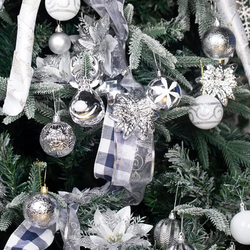 Miniatura 4 de Paquete de 100 adornos de bola de Navidad, bolas de Navidad de plástico plateado y blanco, inastillables, decoración de árbol de Navidad