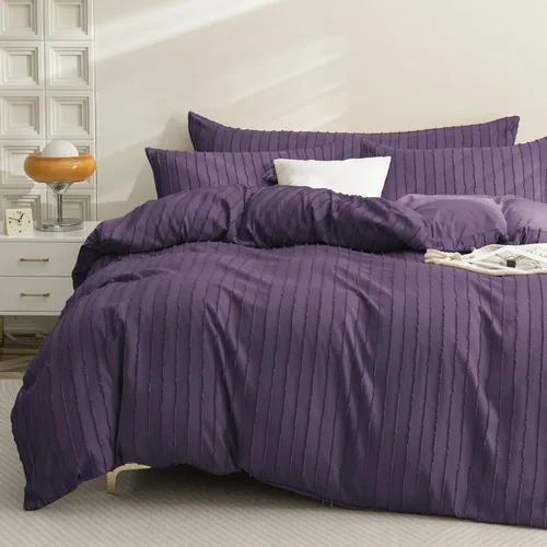 JELLYMONI Funda de edredón tamaño individual morado - Juego de 3 piezas de funda de edredón bohemia a rayas de poliéster con textura copetuda Rayas