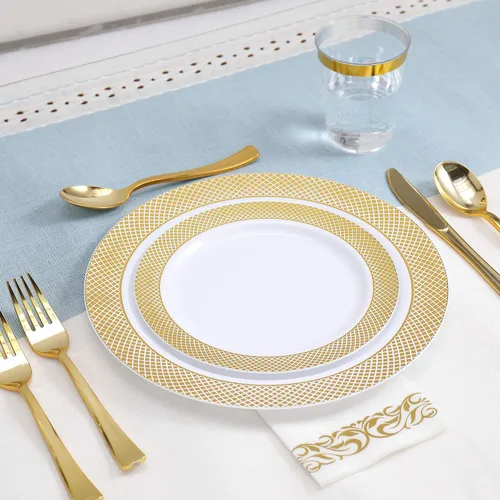 Miniatura 5 de FOCUSLINE Juego de vajilla de oro de 175 piezas para 25 invitados - Platos desechables de plástico con rejilla dorada, incluye 25 platos para cena