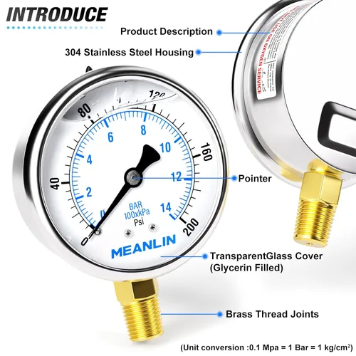 Miniatura 4 de MEANLIN MEASURE - Manómetro de acero inoxidable, relleno de líquido, esfera con cara de 2.5 pulgadas, NPT de 1/4 de pulgada, agua, aceite y gas