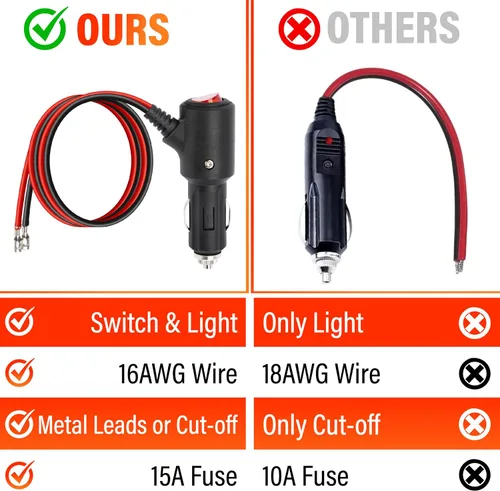 Miniatura 6 de Enchufe de encendedor de cigarrillos de 12 V con interruptor de encendido y apagado, 2 pies, 16 AWG, resistente, 15 A, repuesto para encendedor