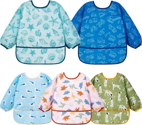 Lictin Baberos de Manga Larga Paquete de 5 - Baberos para Bebé, Baberos Impermeables para Niños Pequeños, Delantal para Bebé para Comer, Baberos