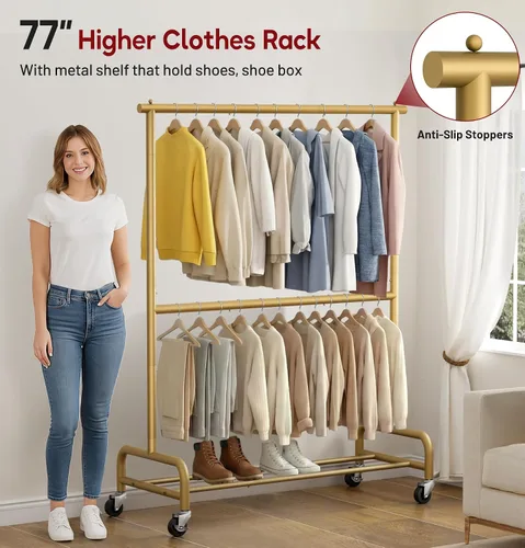 Miniatura 5 de SLEEPING LAMB Perchero de Ropa Resistente de Doble Barra para Colgar Ropa, Perchero de Vestimenta Metálico Rodante con Ruedas, Perchero Colgador