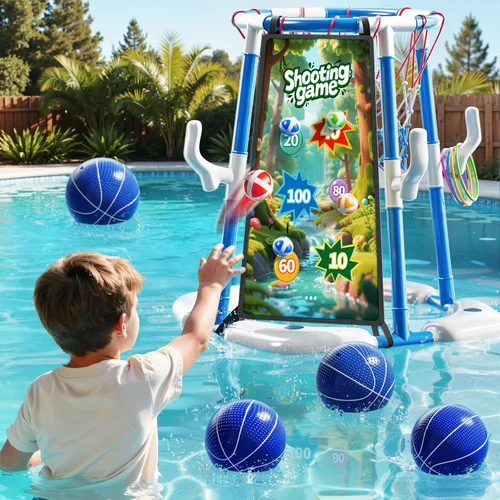 Miniatura 2 de NIPLOOOW Aro de baloncesto para piscina, juego de anillos flotantes 4 en 1 con 4 bolas, lanzador de bomba de aire y bolas adhesivas, juego