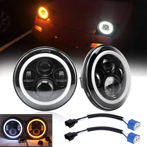 Par 7 pulgadas LED faros con blanco halo anillo ángel ojos+ámbar señal de giro halo para Jeep Wrangler JK TJ CJ Hummer H1 H2 Miata