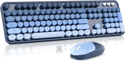 Miniatura 10 de MOWUX - Combo de teclado y mouse inalámbricos, máquina de escribir de tamaño completo, retro, redondo, lindo mouse óptico inalámbrico, Plug and Azul