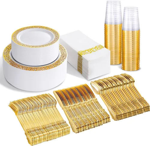Miniatura 17 de bUCLA Juego de vajilla de plástico dorado desechable de 150 piezas, platos dorados resistentes que incluyen 25 platos de cena y 25 platos de postre