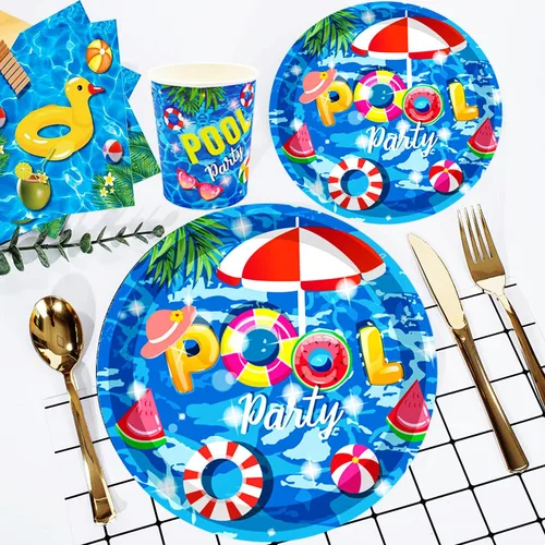 Miniatura 5 de Juego de 175 piezas de suministros para fiesta de piscina, juego de fiesta de playa de 9 pulgadas, platos de fiesta de piscina, 7 pulgadas, plato