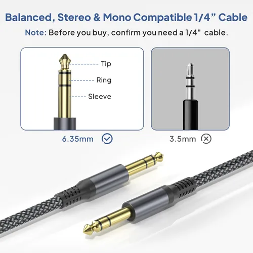Miniatura 3 de Elebase - Cable macho recto de interconexión TRS de 1/4 de pulgada, de 0.25 pulgadas, guitarra eléctrica, bajo, teclado, mezclador, amplificador