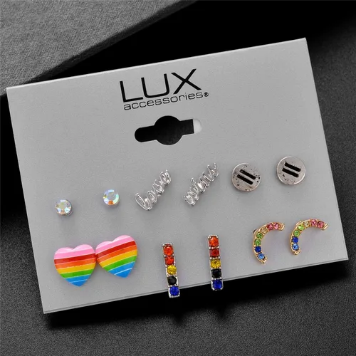 Miniatura 3 de Lux Accessories Juego de 6 aretes de tuerca Rainbow Equal Love Gay Pride, Diamante de imitación