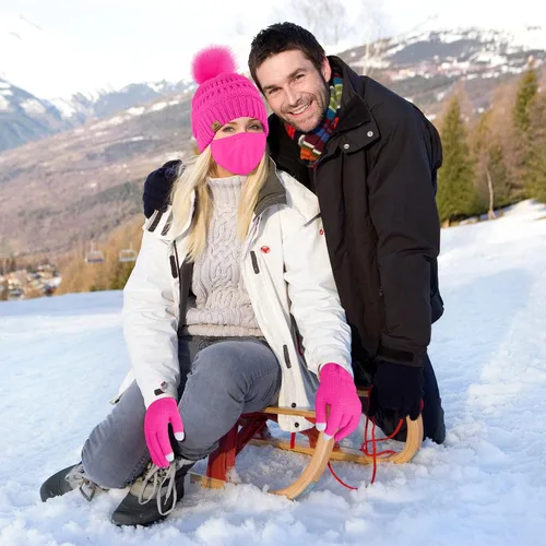 Miniatura 6 de URATOT Conjuntos de punto cálido de invierno, gorro de punto, bufanda, cubierta facial, guantes para pantalla táctil, para hombres y mujeres