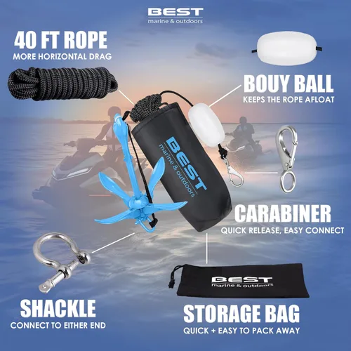 Miniatura 5 de Mejor marca marina y al aire libre Ancla para kayak, kit de sistema de anclaje de 3.5 libras para kayaks, canoas, tablas de paddle SUP y motos Azul