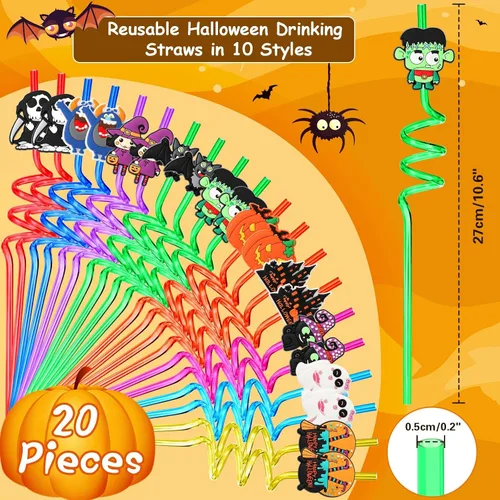 Miniatura 2 de JANYUN Pajitas de Halloween, 20 popotes de plástico reutilizables locos, regalos de fiesta de Halloween, lindos murciélagos, calabaza, gato