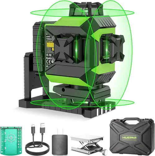 Huepar Nivel láser de 4x360 autonivelante de haz verde 4D de línea cruzada de 16 líneas herramienta láser de suelo de baldosas -2x360 líneas láser