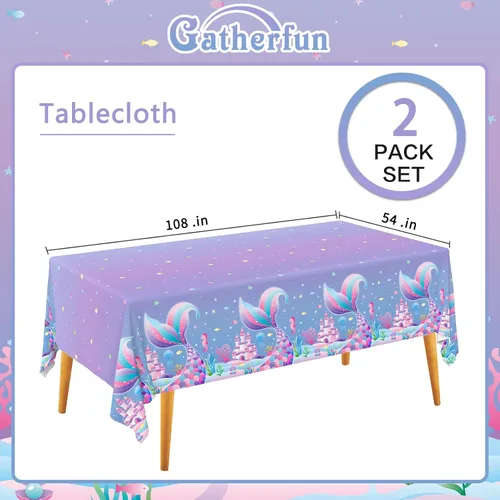 Miniatura 2 de Gatherfun Juego de suministros para fiesta de sirena: 2 manteles rectangulares de plástico, 54 x 108 pulgadas, patrón de sirena morado (degradado)
