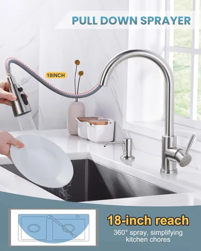 Miniatura 3 de WOWOW Grifo de cocina con dispensador de jabón: grifo de fregadero de cocina de acero inoxidable 304 con rociador desplegable de 3 modos, grifos A