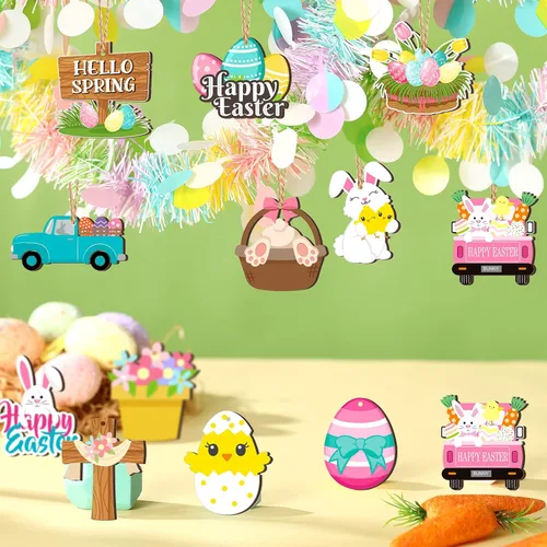 Miniatura 5 de Marsui 24 adornos de Pascua para árbol, feliz Pascua, adornos colgantes de madera, huevo, conejo, primavera, árbol, gnomo, pollo, rebanadas