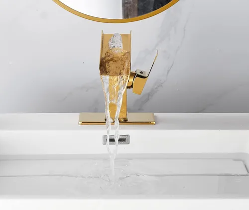 Miniatura 5 de Grifo de lavabo de baño dorado de una sola manija de 1 o 3 agujeros de 4 pulgadas, cascada de 4 pulgadas, grifo de baño moderno de latón para lavabo