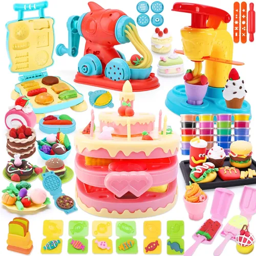 Crelloci Juego de 4 en 1 de plastilina de colores para cocina, máquina de creación de helado, fideos, hamburguesas y pastel, juguetes de modelado de