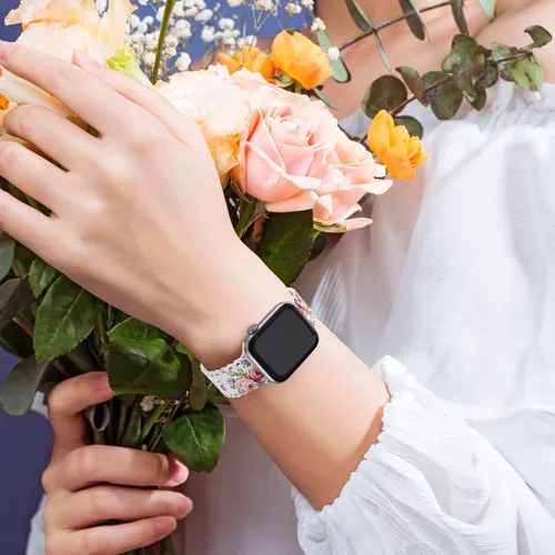 Miniatura 5 de Compatible con Apple Watch Banda de 41mm 40mm 38mm 49mm 45mm 44mm 42mm para Mujeres, Detalles de Rosa Floral Impresos en Encaje Hueco de Silicona