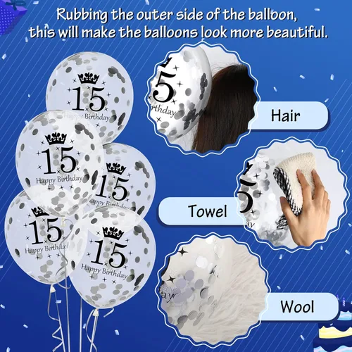 Miniatura 4 de Globos azules de cumpleaños número 15, 15 globos de feliz cumpleaños azul marino y plateado para niño o niña, látex, inflables, confeti