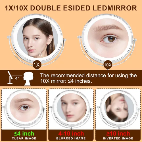 Miniatura 3 de JANEEVA Espejo de maquillaje iluminado 10X con 3 modos de iluminación, luces regulables de 8 pulgadas, espejo de tocador ajustable en altura